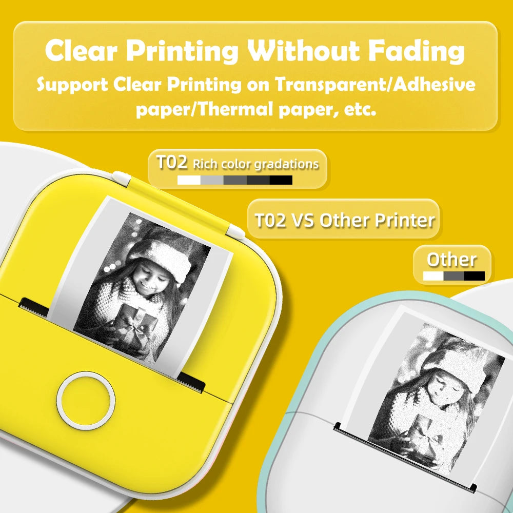 T02 Pocket Printer Photo Journal Printing 53Mm Sticker Labels Wireless Connection No-Ink Thermal Printing Long Battery